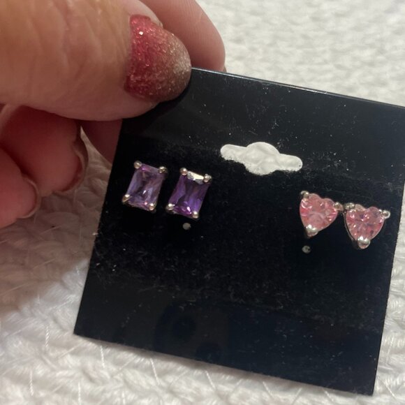 Vintage AVON AMETHYST & PINK Rhinestone Silver Tone Stud Pierced Earrings #711D - Picture 3 of 3